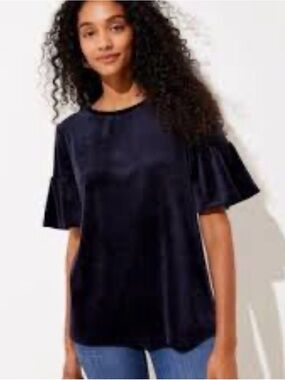 Loft Blue Velour Knit Top with Bell Sleeves Size Large